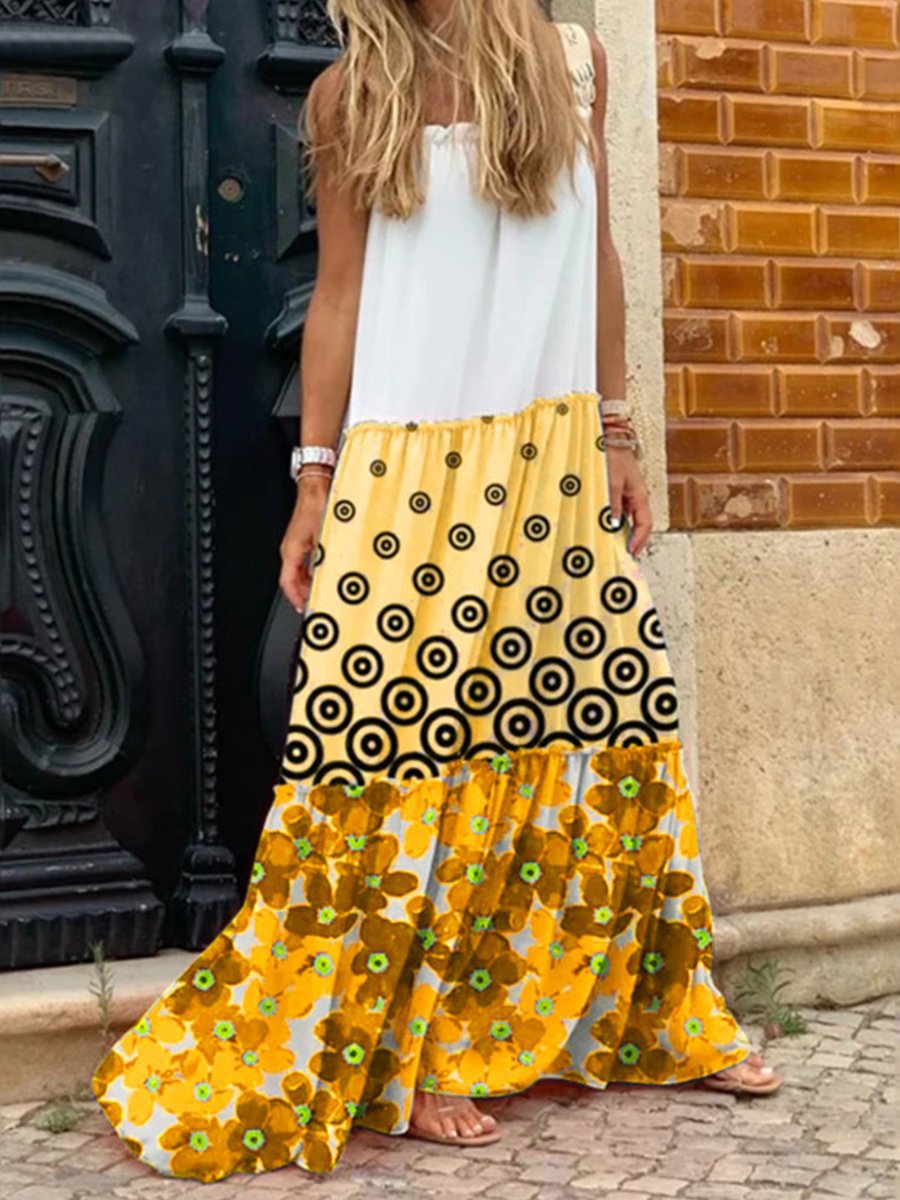 Casual Straps Dot Flower Print Colorblock Maxi Dress