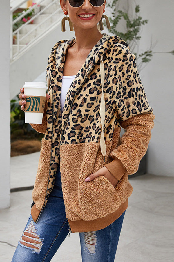 Leopard Patchwork Hooded Plush Coat