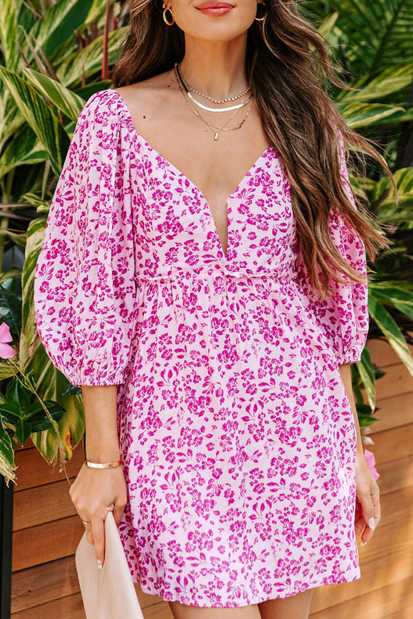 Printed Backless Half-Sleeve V-Neck Mini Dress