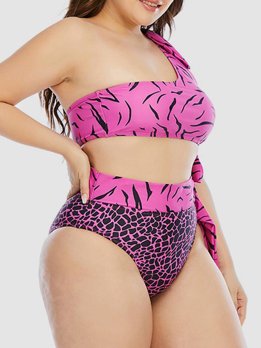 Sweet One Shoulder Animal Print Bandage Design Pink Two-piece Swimsuit