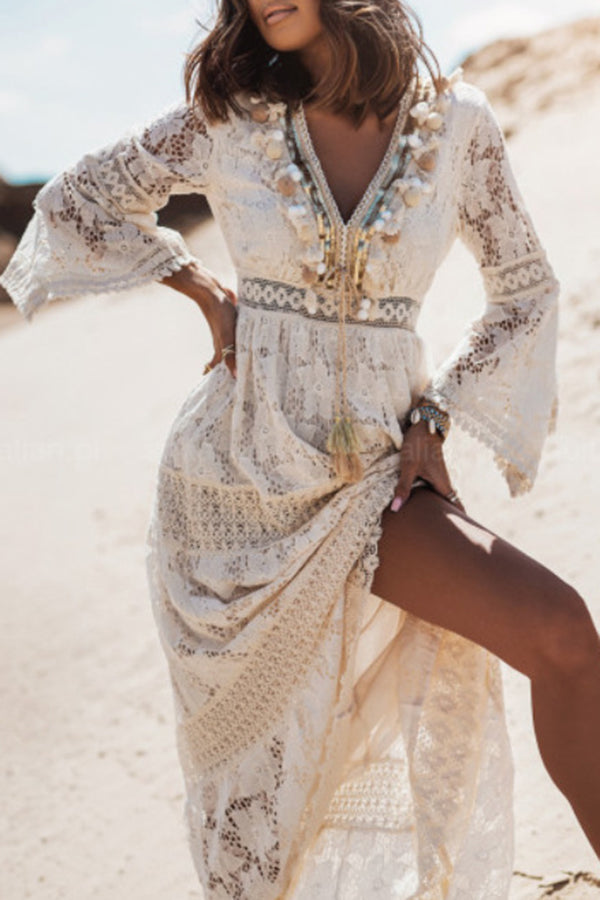 Lace-paneled Fringed Maxi dress