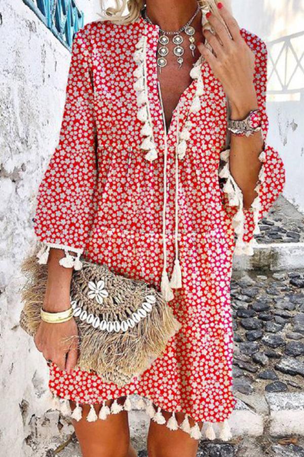 Floral Print V-Neck Tassel Stitching Boho Mini Dress