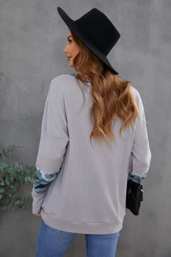 Print Splicing Waffle Knit Top