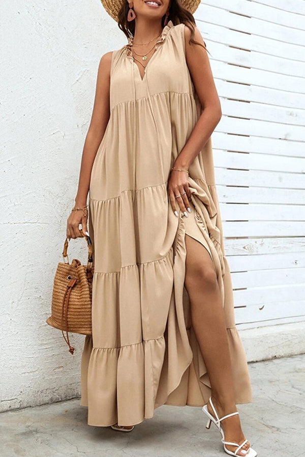 Women's Loose Sleeveless Solid Color Stitching Beach Dress
