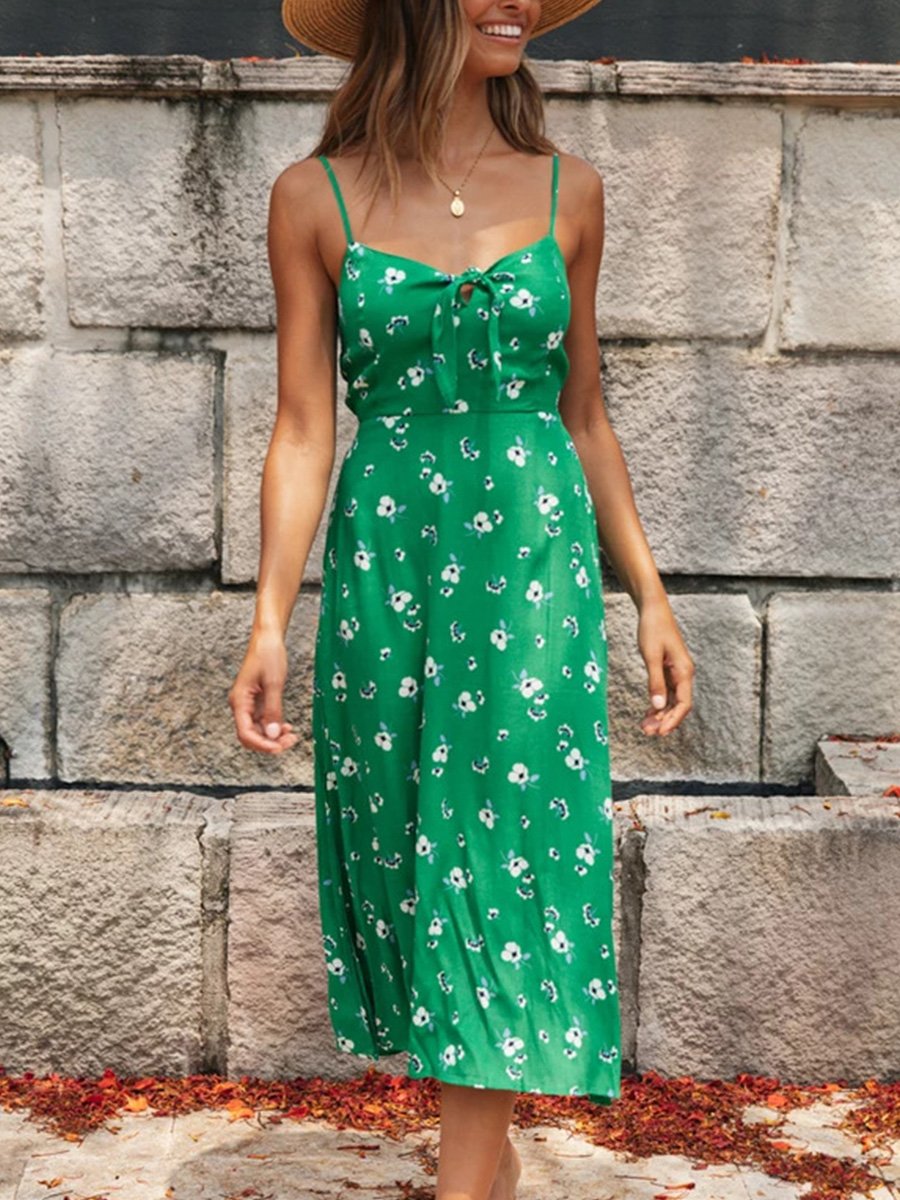 Floral Print Open Fork Midi Dress