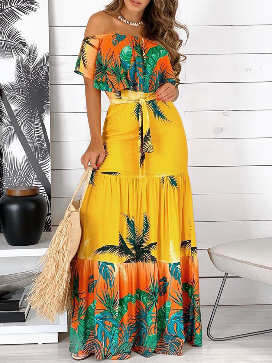 One Shoulder Ruffles Trim Floral Print Dress