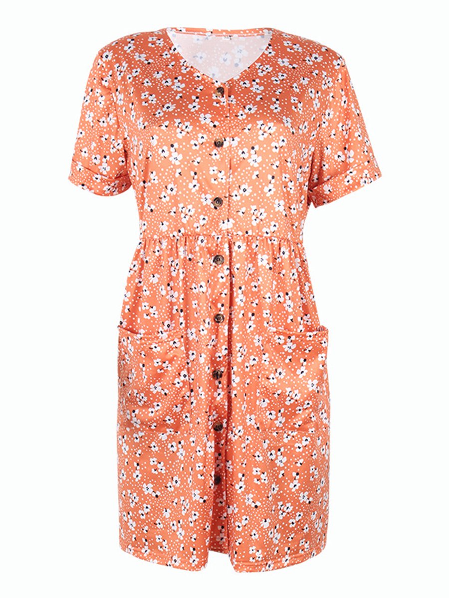 V-neck Print Pockets Loose Mini Dress