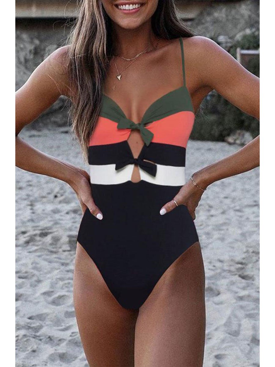 Backless Striped Black One-piece Swimsuit(3 Colors)