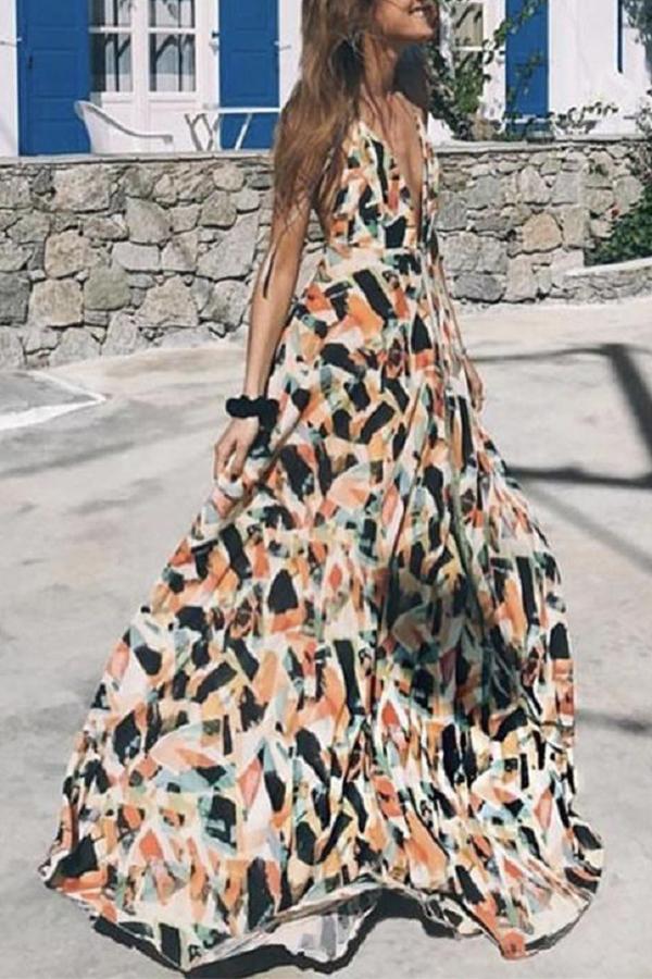 Green Floral Pattern Backless V-neck Sleeveless Fashion Maxi Dress