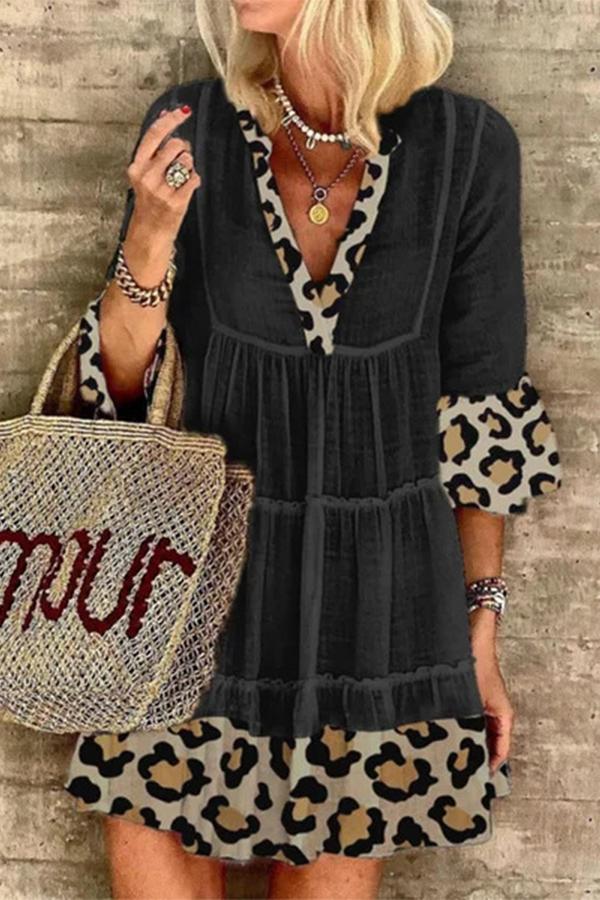 Leopard Print Stitching Cotton and Linen Dress
