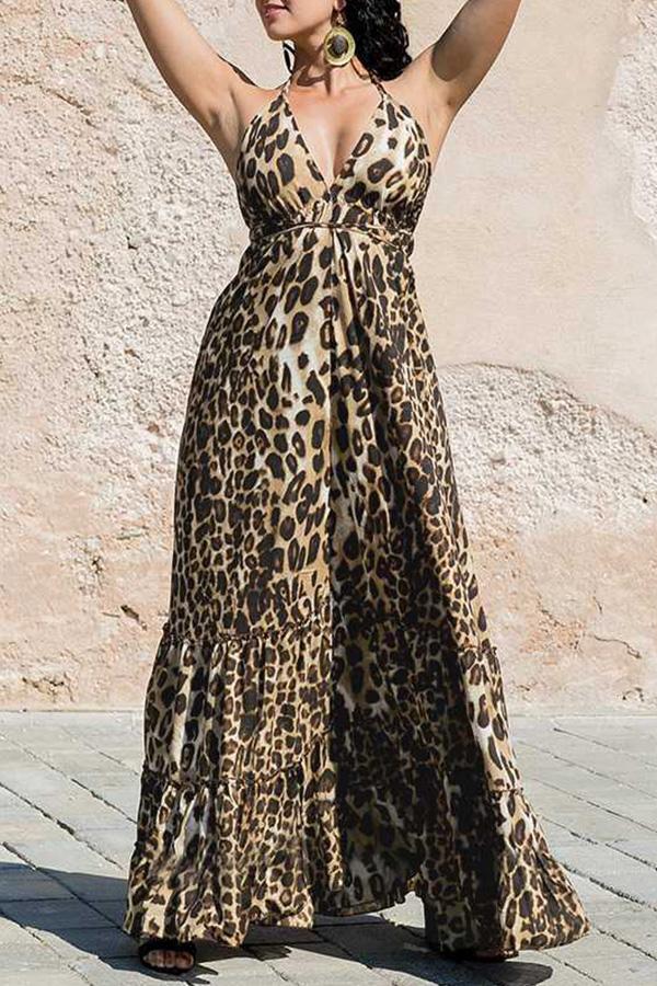 Deep V-Neck Leopard Print Sphagetti Maxi Dress