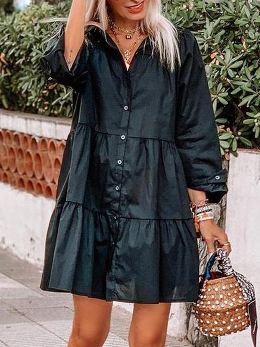 Solid Long Sleeve Shirt Neck Babydoll Mini Dress