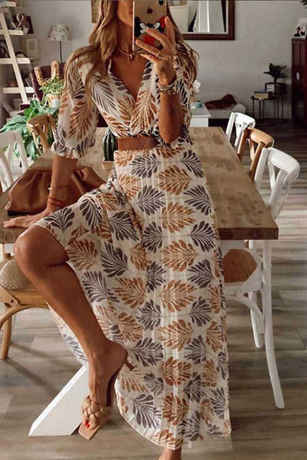 Leaf Print Pleated Maxi Vacation Shirt Dress