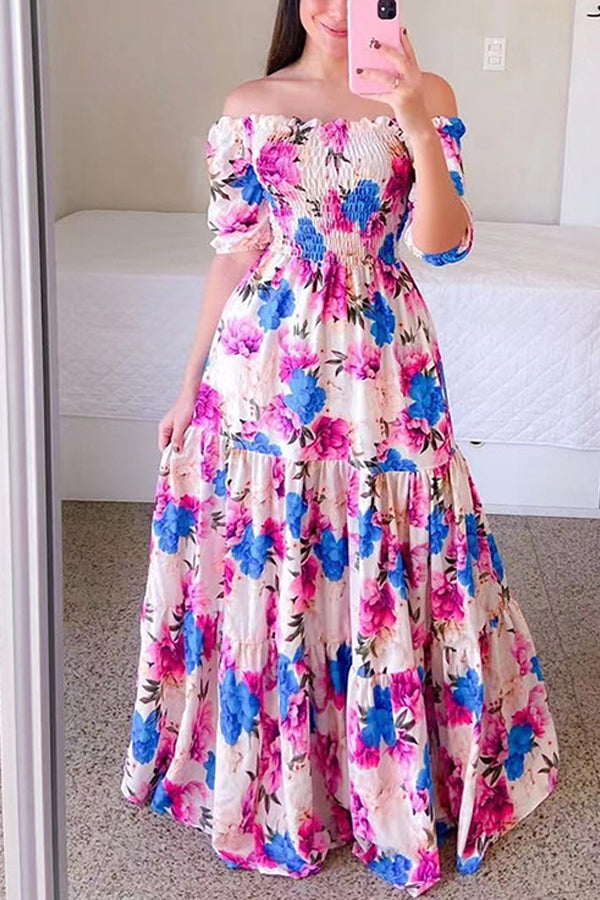 One-shoulder Floral Off-the-shoulder Long Printed Skirt