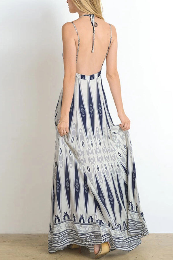Vintage Print backless long dress