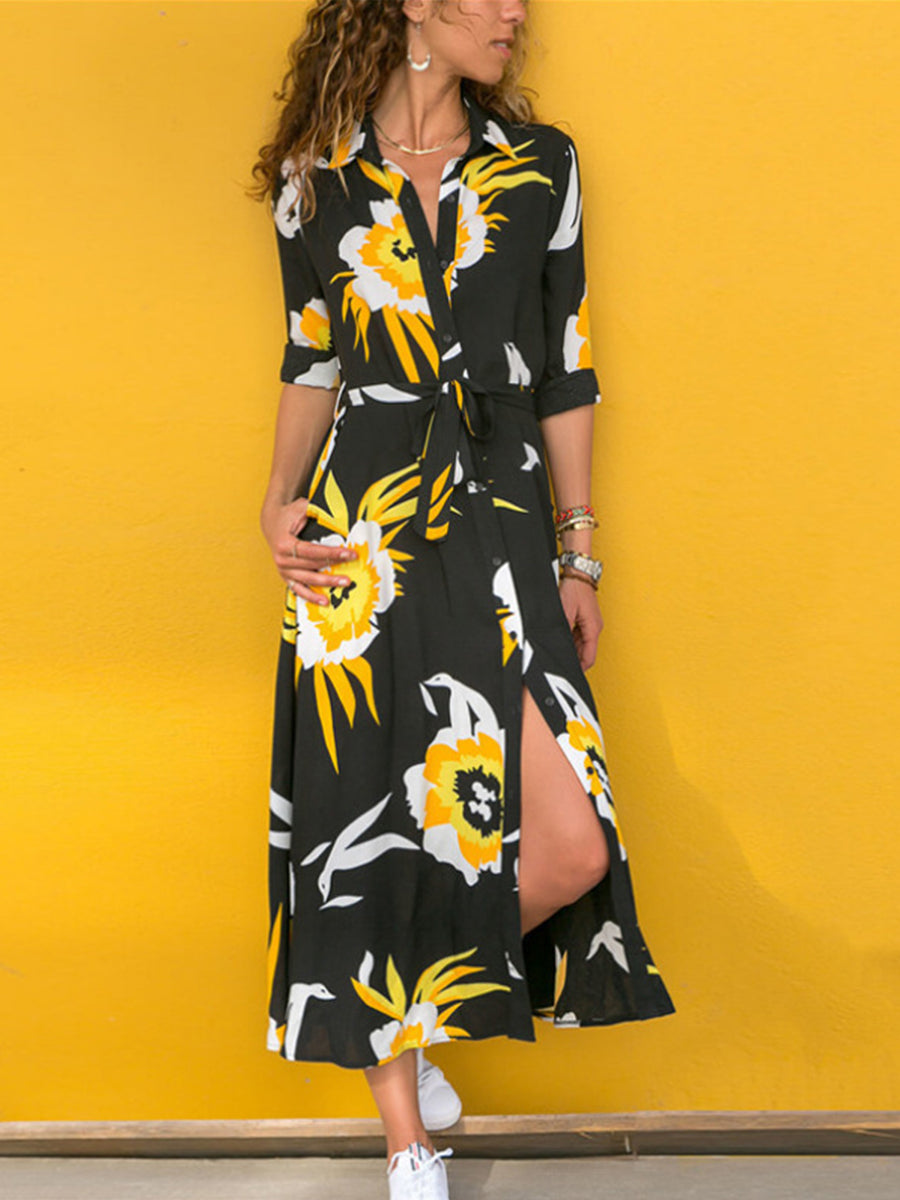 Elegant Floral Buckle With Belt Shirt Collar A Line Dresses