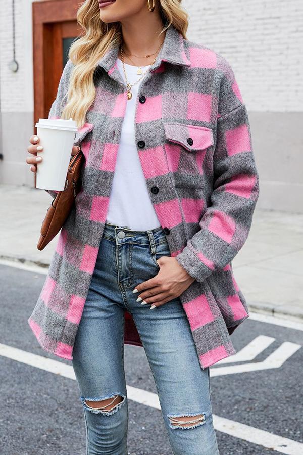 Lapel Long-sleeved Plaid Woolen Shirt Jacket