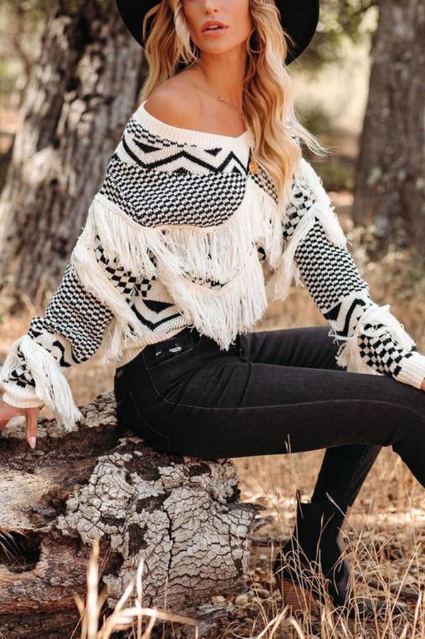 Fringed V-neck Sweater