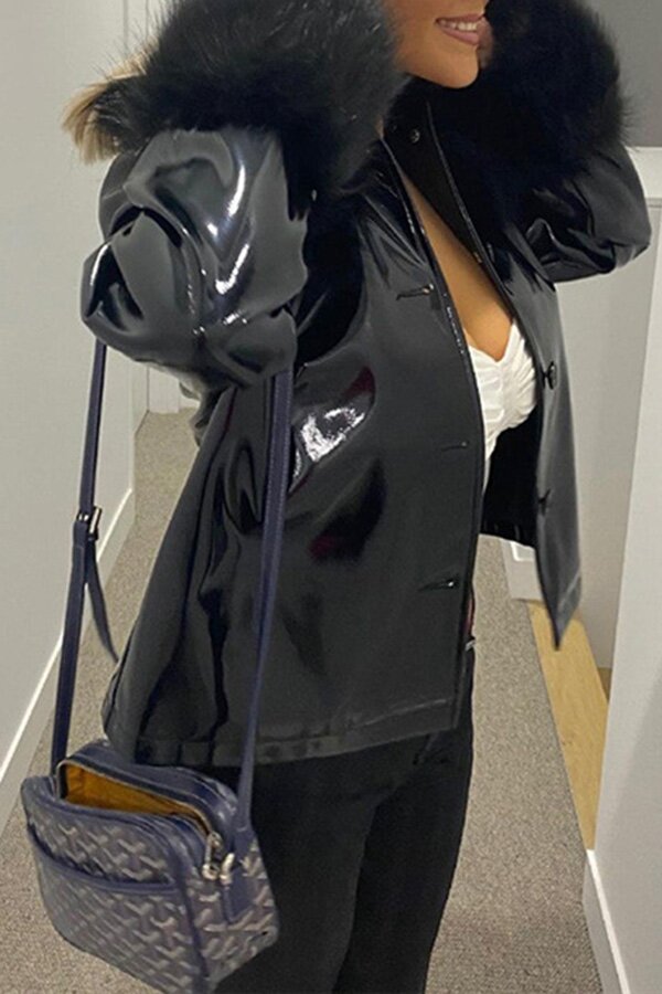 Chic Faux Fur Patchwork Bodycon Leather Coat