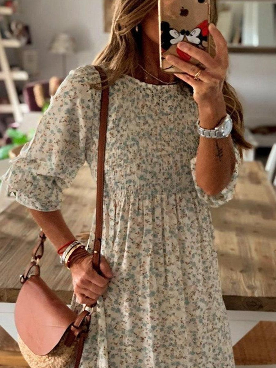 Round-neck Smocked Print Half-sleeved Maxi Dress
