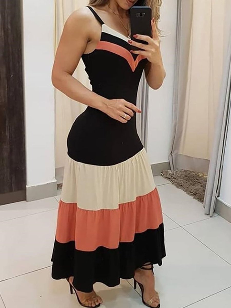 Casual V-neck Sphagetti Colorblock Maxi Dress