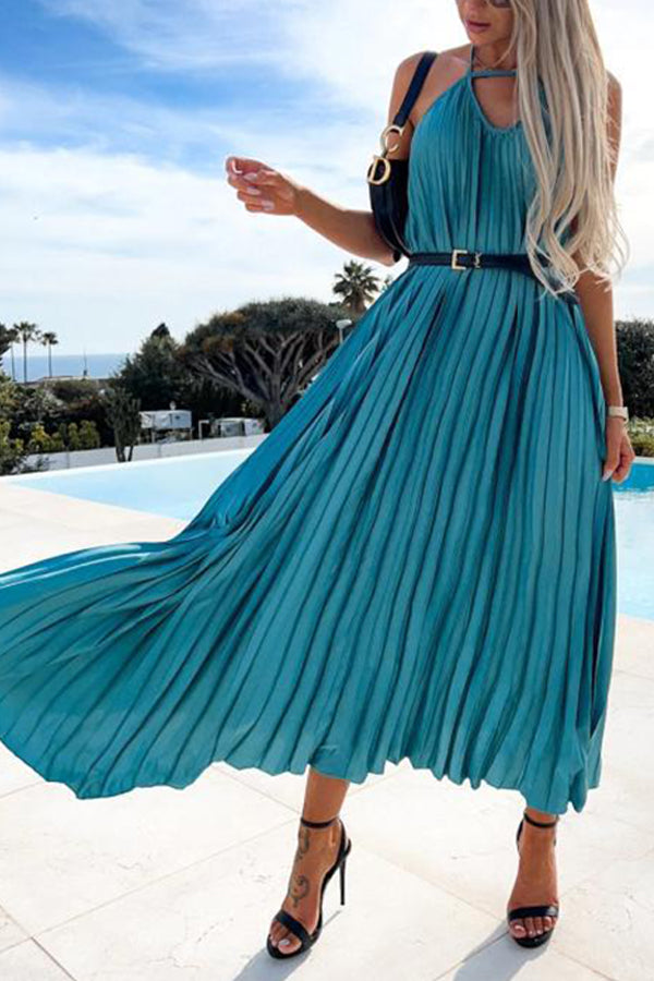 New Pleated Suspender Sweet Waist Closing Bohemian Long Dress