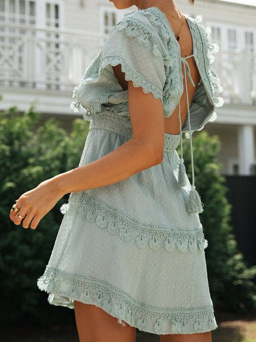Women's Dress Solid Lace Fringe Mini Dress