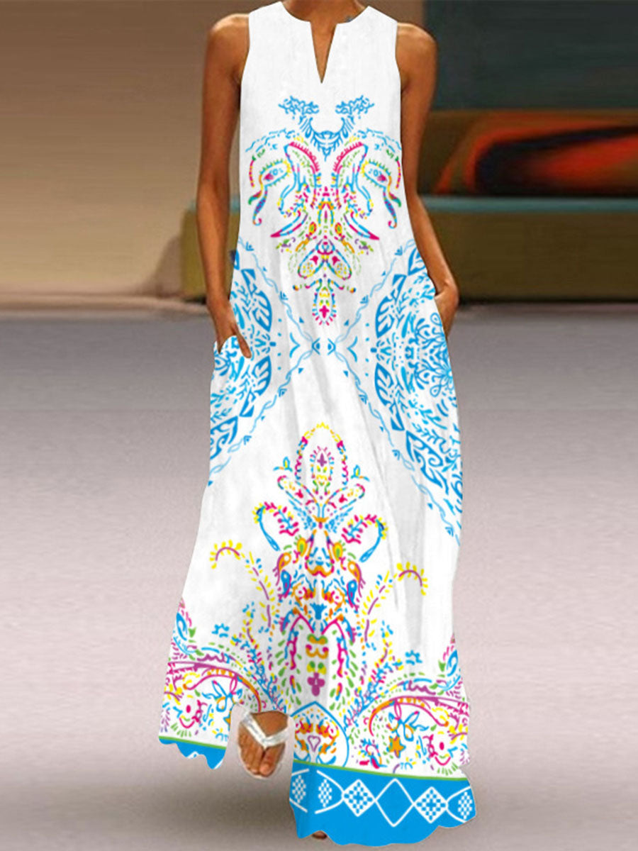 Vintage Floral Printed Statement Plus Size Sleeveless V Neck Casual Dresses
