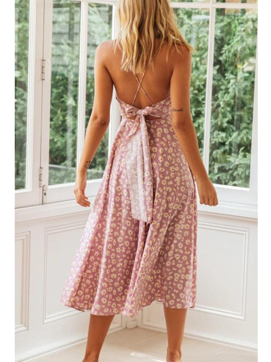 Pretty Floral A-line Backless Midi Dress (3 Colors)