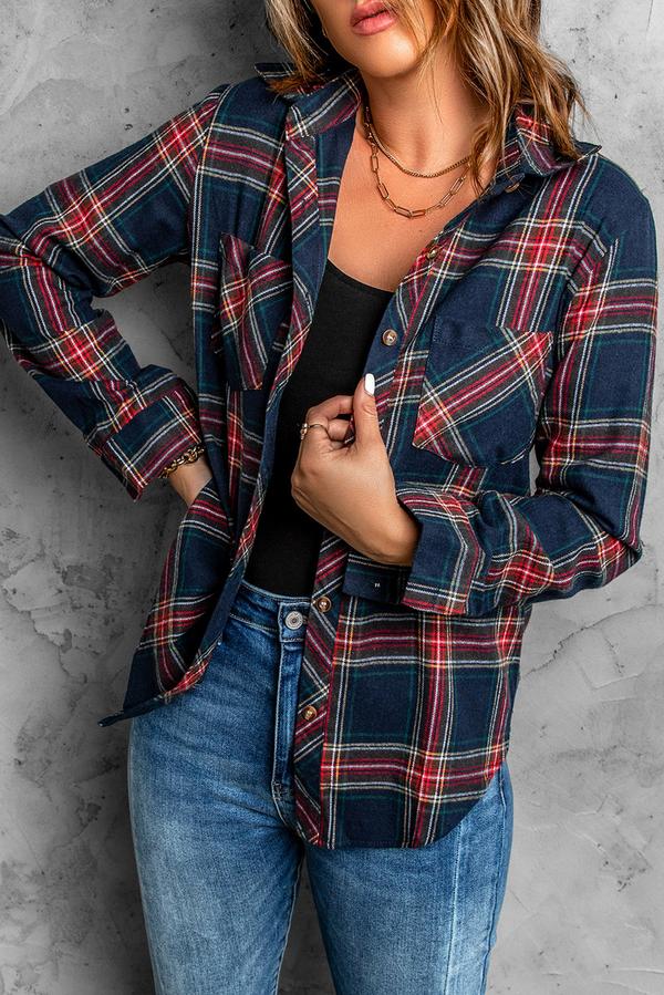 Plaid Button Pocket Long Sleeve Asymmetric Shirt