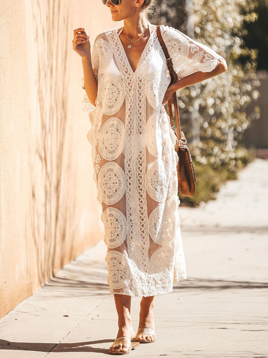 Mesh Embroidered V-neck Elegant Holiday Beach Smock Dress
