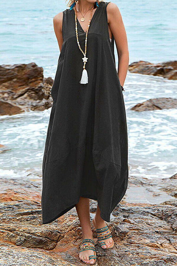 Women's Sleeveless Back-tie V Neck Pocket Loose Dress