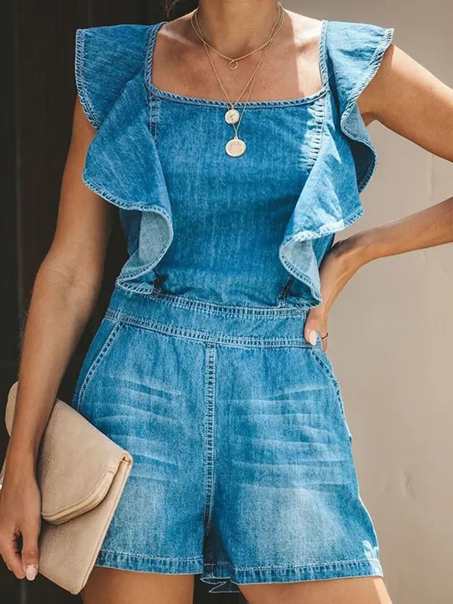 Square Neck Flouncing Denim Romper