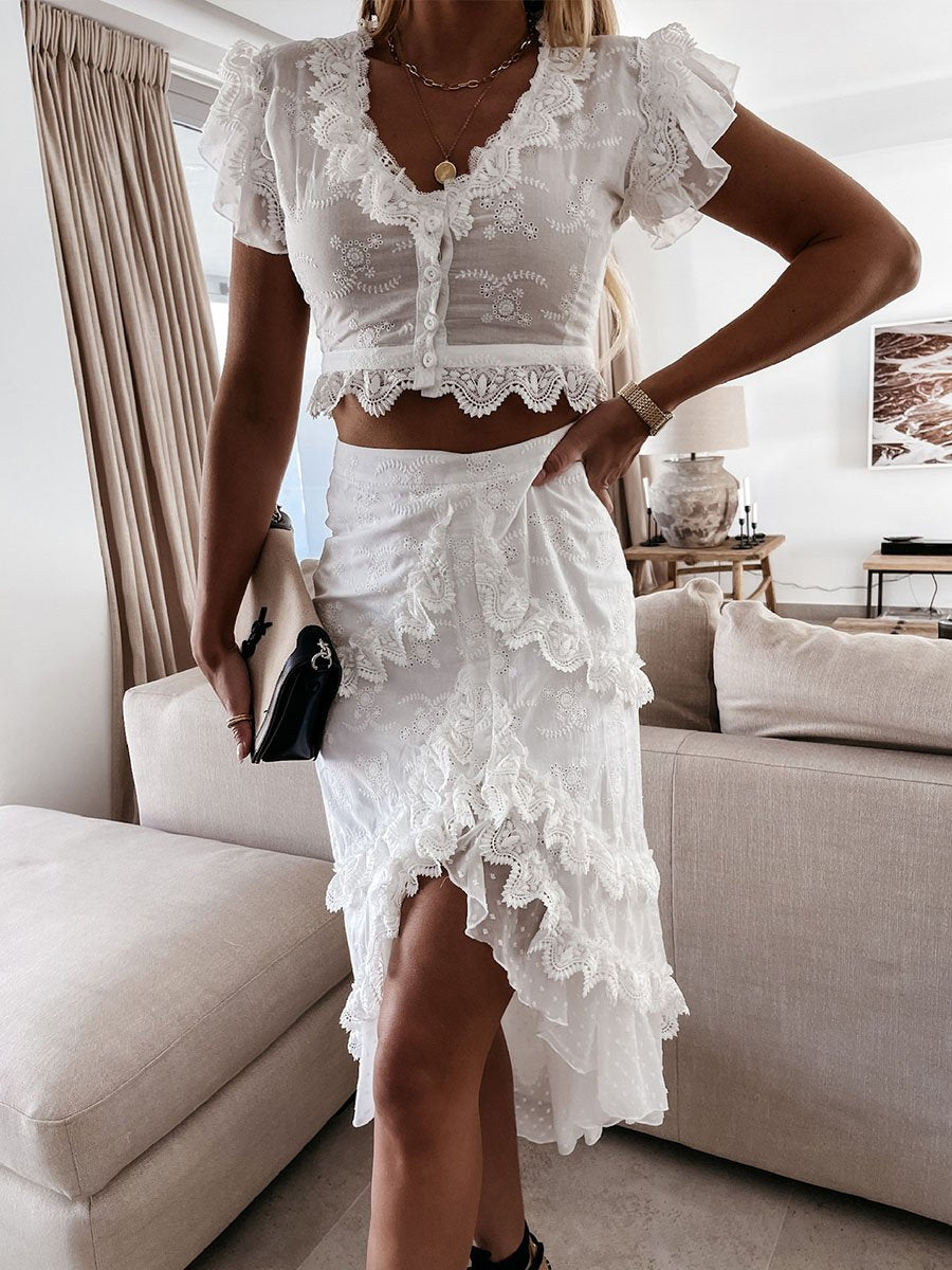 Solid V-neck Ruffle Lace High-low Dress Set