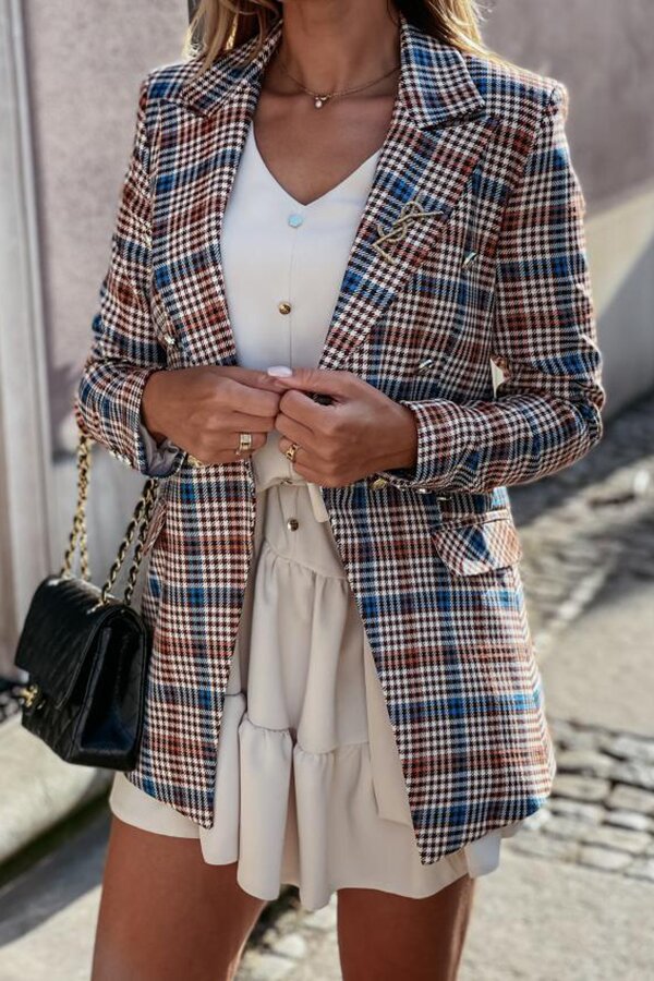 Casual Plaid Wide Collar Button Blazer