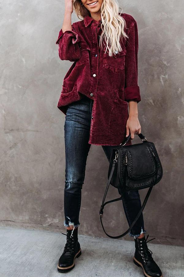 Cotton Pocketed Corduroy Shacket Coats