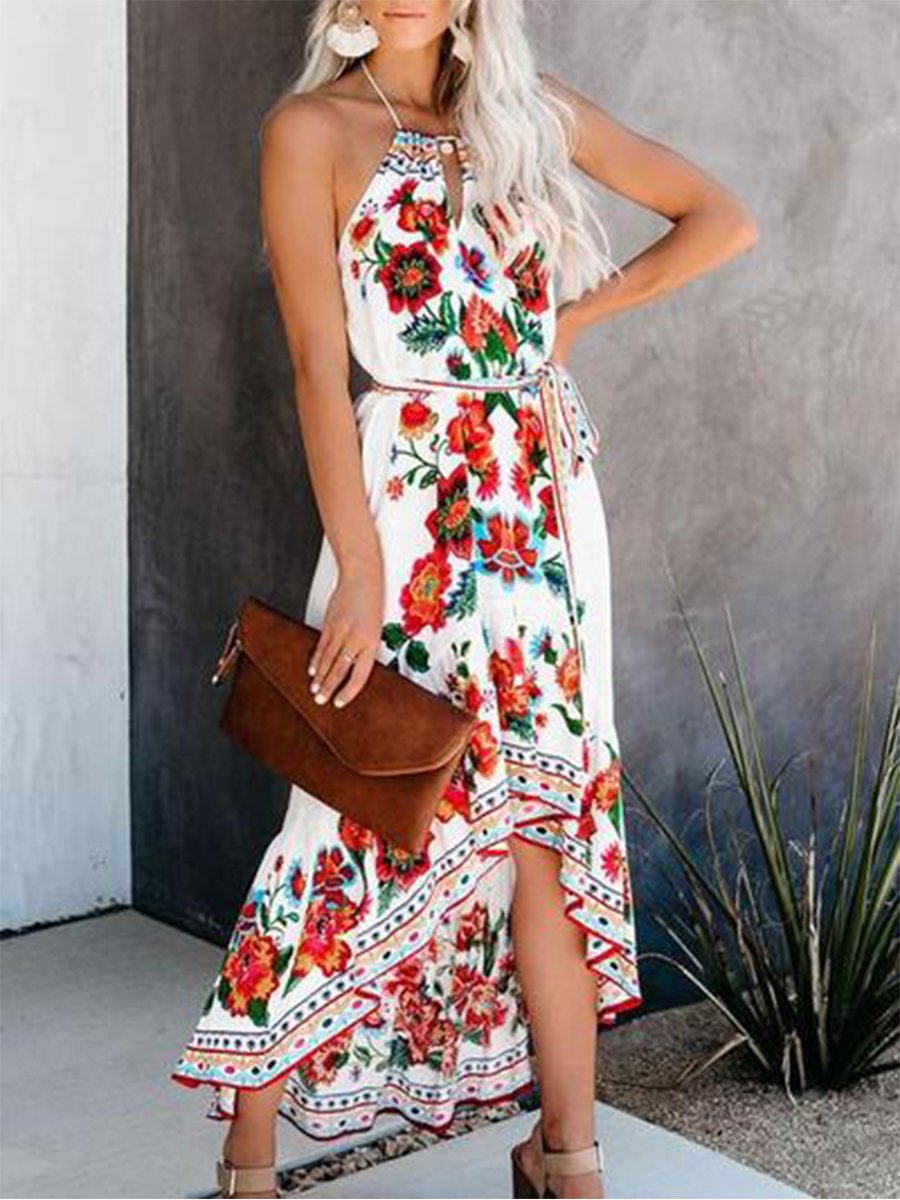 Halterneck Floral Print High-low Maxi Dress