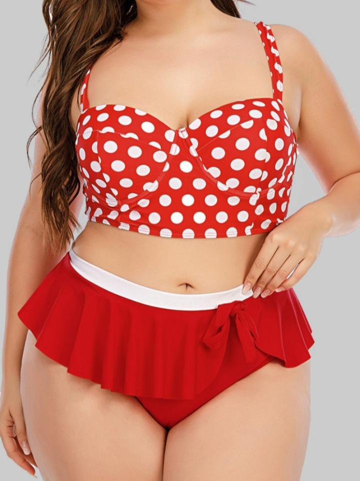 Dot Print Flounce Bow-tie Decoration Red Tankini
