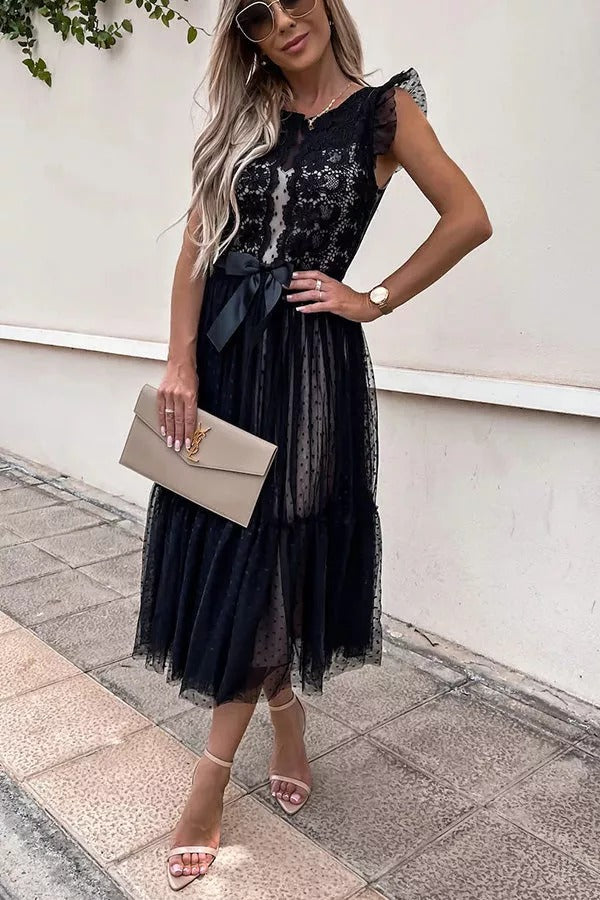 All The Romance Bow Tie Lace Midi Dress