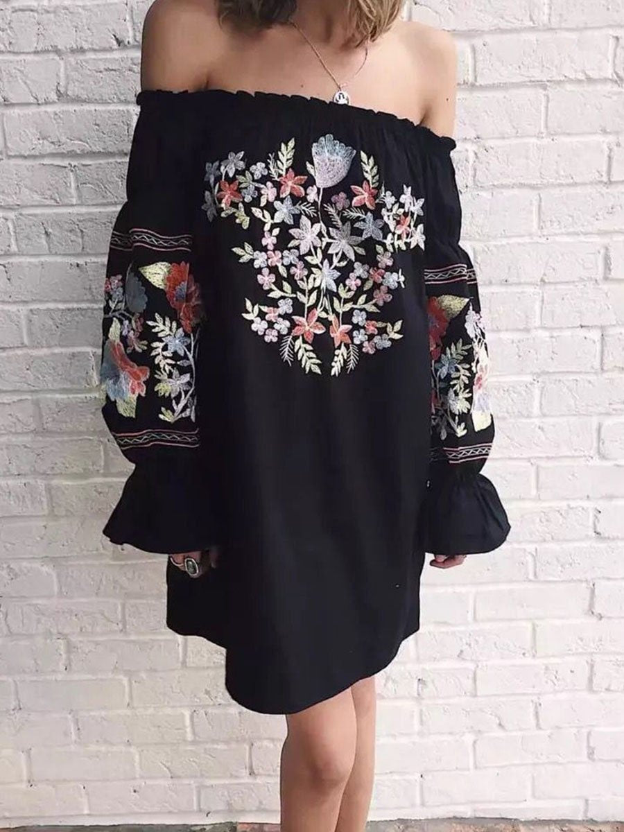 Floral Embroidered Off Shoulder Long Sleeve Mini Dress