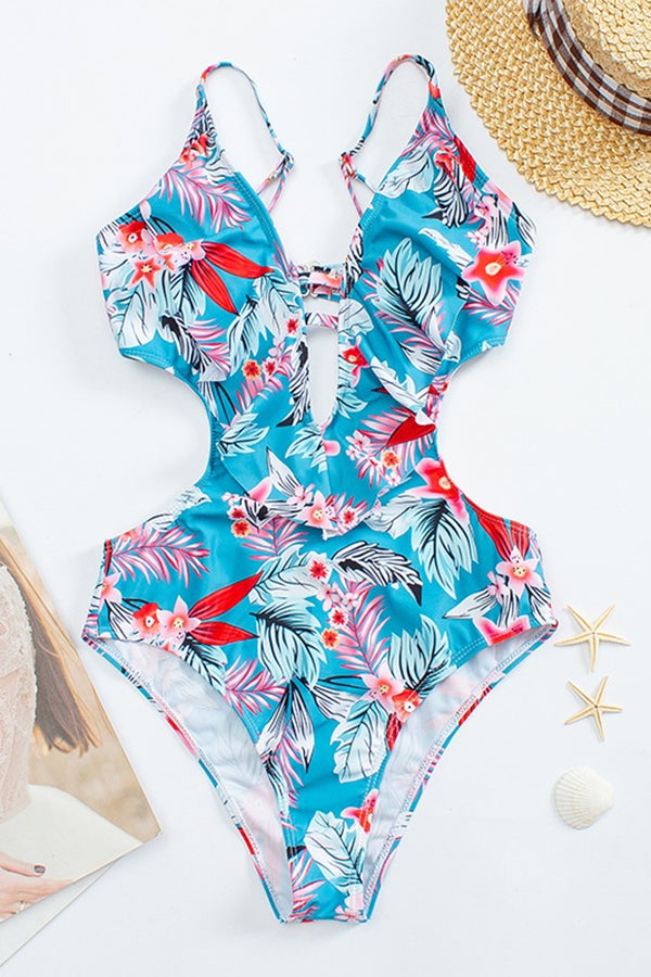 Ruffle Print Waist Cutout One-piece Swimsuit