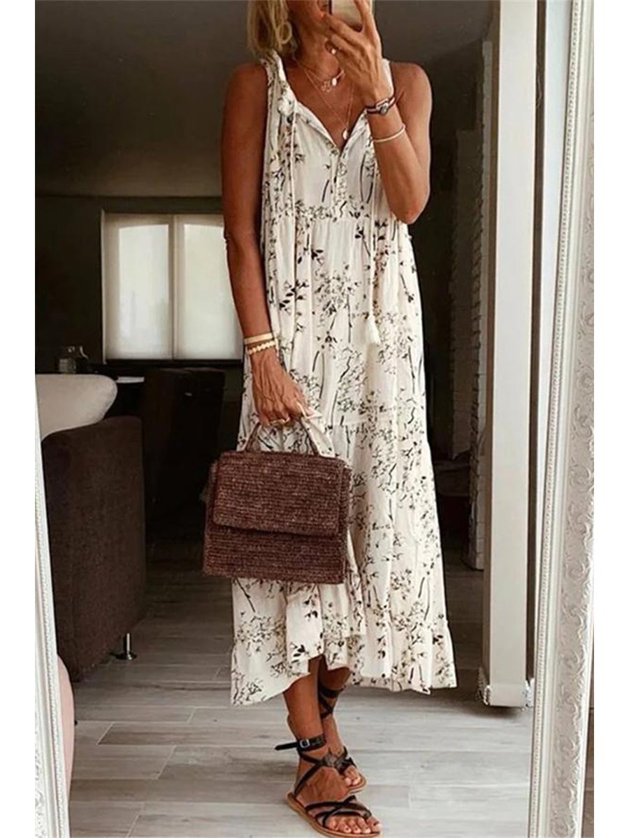Printed V-neck Lace Sling Loose Dress