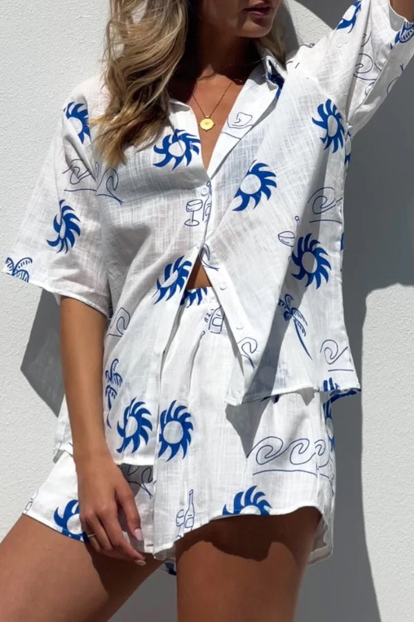 Blue Beach Print Top Pants Two -piece Suit