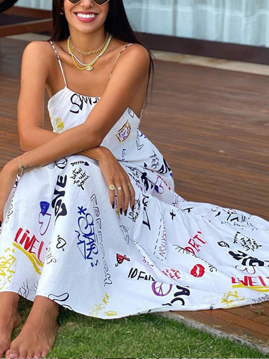 Cross Open Back Drawstring Print Maxi Dress