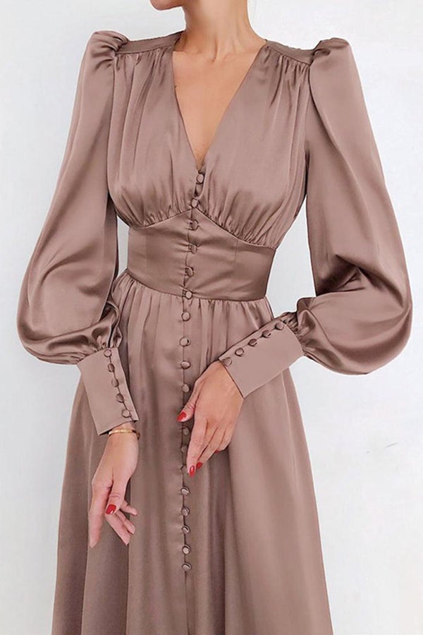 V-neck Lantern Sleeve Waist Slim Vintage Dress