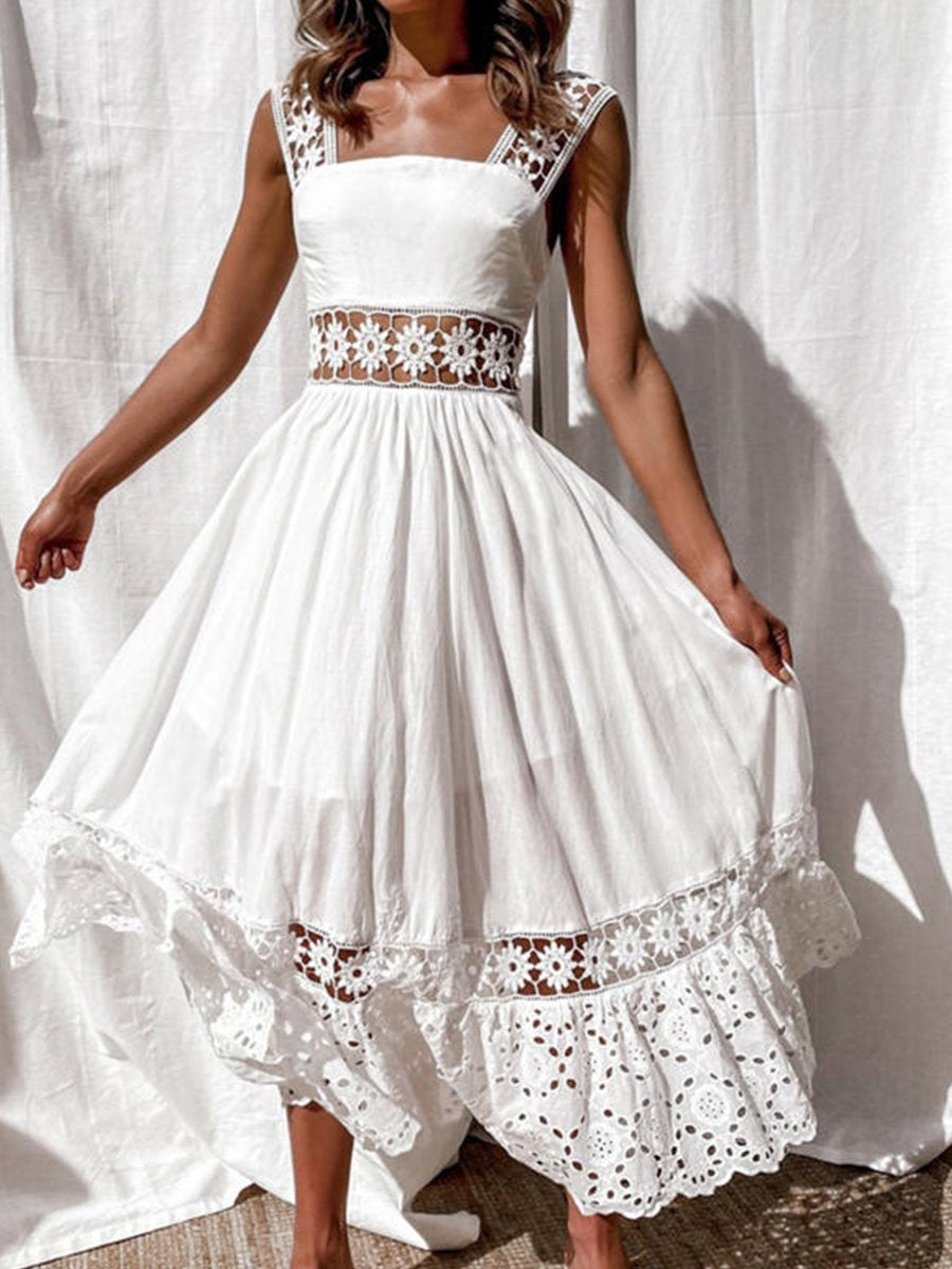 Solid Sleeveless Lace Hollow-out White Dress