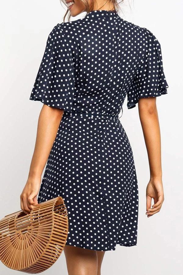 Flounce Sleeve Polka Dot High Neck Dress