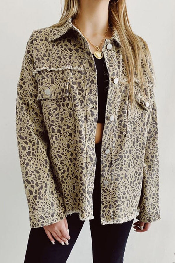 Westlynn Leopard Print Distressed Denim Jacket