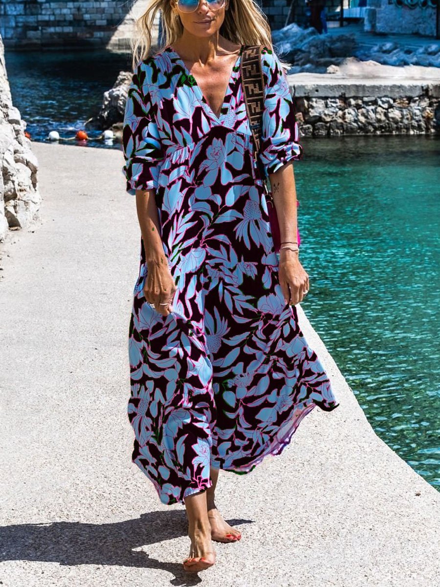 Red Blue Print Casual Long Dress