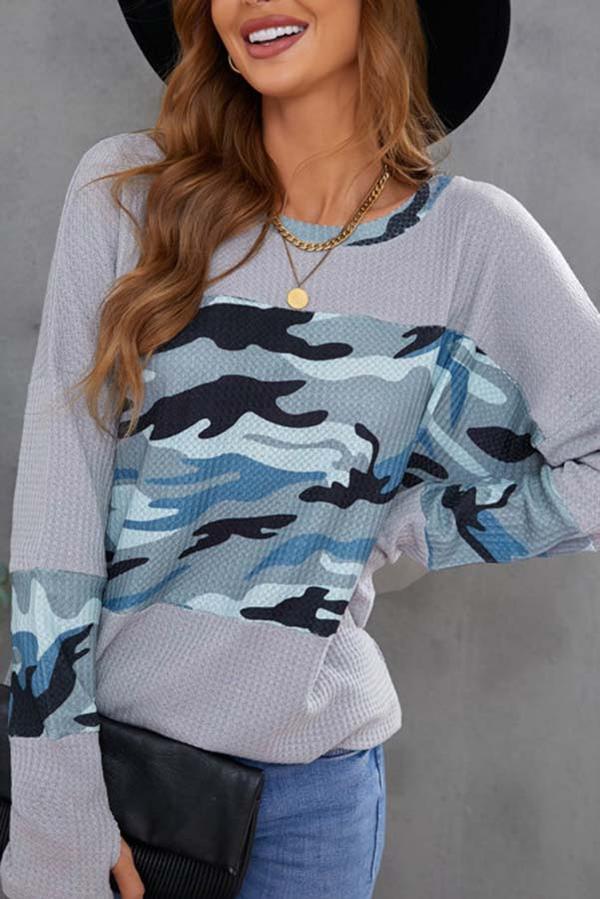 Print Splicing Waffle Knit Top